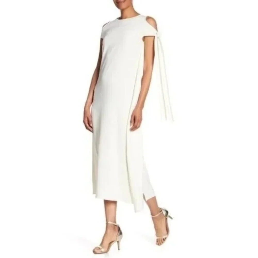 Helmut Lang NWT Ivory Dress Shoulder Tie Midi Solid Drape Party  Extra Small XS